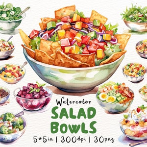 Salad Bowl Clipart Collection, Watercolor Salad Variety Pack, Caesar, Chef, Egg, Seafood, Greek, Garden Salad, Healthy Greens Scrapbooking