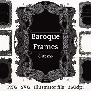 Conjunto de 8 imágenes prediseñadas de marcos ornamentados barrocos vintage, diseños SVG y PNG, fondo transparente, borde rococó victoriano para Cricut y Canva