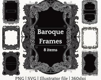 Vintage Baroque Ornate Frame Clipart Set 8 Designs SVG and PNG Transparent Background Victorian Rococo Border for Cricut and Canva
