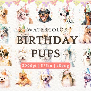 Watercolor Dog with Birthday Hat Clipart - Kawaii Puppies Cartoon, Dog Breeds png, Cute Animal Party, Nursery, Pet Shop,Vet Decor,Card Craft