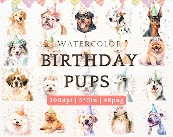 May include: Watercolor illustrations of 16 birthday pups wearing party hats. The pups are all different breeds and are in various poses. The text "WATERCOLOR BIRTHDAY PUPS" is written in the center of the image. The text "300dpi | 5*5in | 48png" is written below the text "WATERCOLOR BIRTHDAY PUPS".