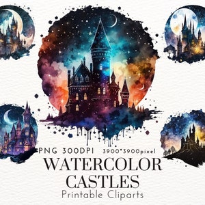 Castillo mágico estrellado PNG Clipart Acuarela Noche Fantasía Castillos para Arte de pared Scrapbooking Decoración Descarga digital 300 DPI