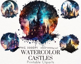 Watercolor Starry Castle Clipart Bundle, 5 PNGs, 300 DPI, Magical Colors, Enchanting Nighttime Scenes for Creative Projects and Decor