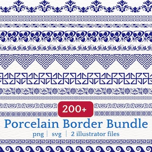 May include: A collection of blue and white porcelain border designs. The image features various patterns, including floral, geometric, and scrollwork motifs. The text "Porcelain Border Bundle" is displayed with file type information.