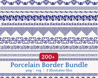 Chinese Porcelain Border SVG PNG Bundle for Asian Blue and White Pattern Design, Cricut Laser Cutting, Sublimation, Wedding Invitations
