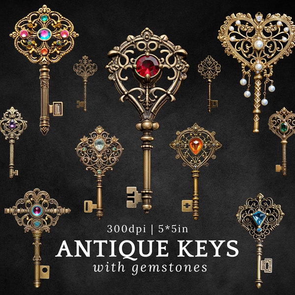 Metal Key Clipart, Vintage Victorian Engraved Metal Key with Gemstone png, Printable Gothic Antique Key, Renaissance Style keys