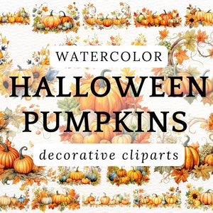 Peut inclure: Illustrations à l'aquarelle de citrouilles d'Halloween avec des feuilles d'automne, des vignes et des tournesols. Le texte "WATERCOLOR HALLOWEEN PUMPKINS decorative clip arts" est affiché sur l'image.