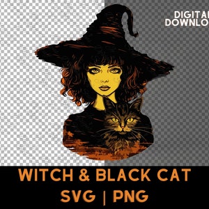 Boze heks SVG, heks kat SVG, Halloween SVG, heks clipart, heks gezicht SVG, Halloween kat SVG, mooie heks portret met zwarte kat SVG