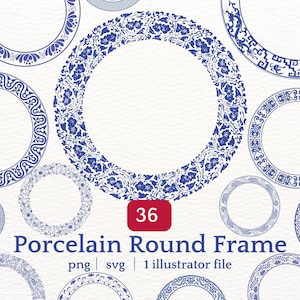 Puede incluir: Una colección de marcos redondos de porcelana azul y blanca con varios patrones decorativos. La imagen incluye una variedad de diseños circulares, con motivos florales y geométricos. El texto "Porcelain Round Frame" es visible.