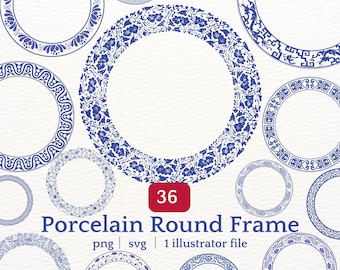 Chinese Porcelain Round Frame SVG PNG Bundle for Asian Wedding Invitations, Product Labels, Stickers, Laser Cutting and Branding Design