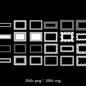May include: A collection of white, ornate picture frames in various rectangular shapes against a black background. The frames feature detailed lace-like designs. The image also includes the text "200+ png | 200+ svg".