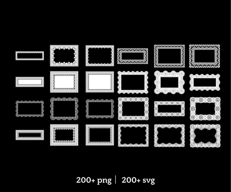 May include: A collection of white, ornate picture frames in various rectangular shapes against a black background. The frames feature detailed lace-like designs. The image also includes the text "200+ png | 200+ svg".