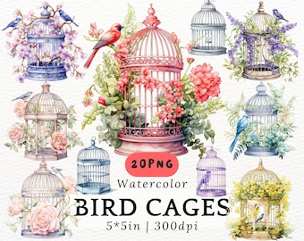 Gabbie per uccelli acquerellate con fiori, gabbia per uccelli antica in stile shabby vintage con motivo botanico, clipart primaverile in stile cottagecore per invito