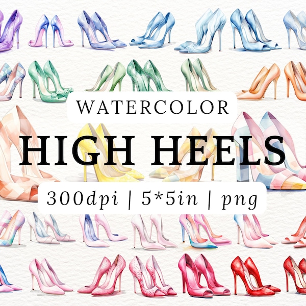 Watercolor High Heels Clipart, Colorful Womens Shoes, Bridal Shoes, Minimalist Fashion Boutique illustration, png, Wedding Invitation Design