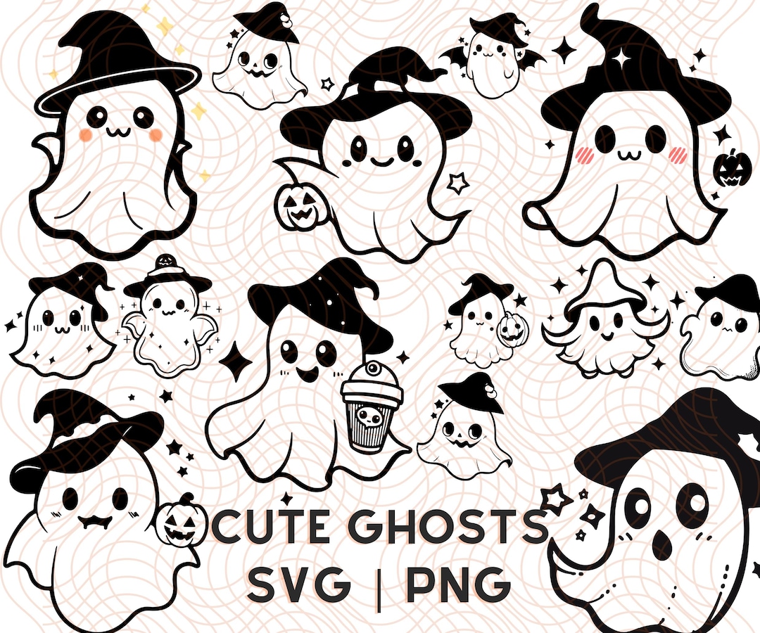 Kawaii Cute Ghost Clipart SVG and PNG Halloween Doodle Icons Pastel ...