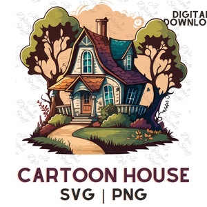Cartoon House Clipart SVG - Ilustración colorida de estilo dibujado a mano, colores retro, patio delantero y plantas, diseño vintage encantador