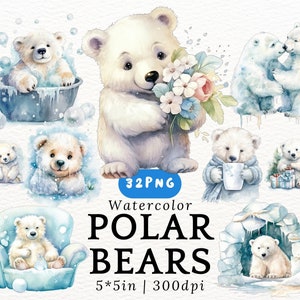 Clipart de aquarela de urso polar gordinho - Arte de urso polar de desenho animado kawaii, filhotes de urso PNGs com fundo transparente, animais fofos, decoração de berçário