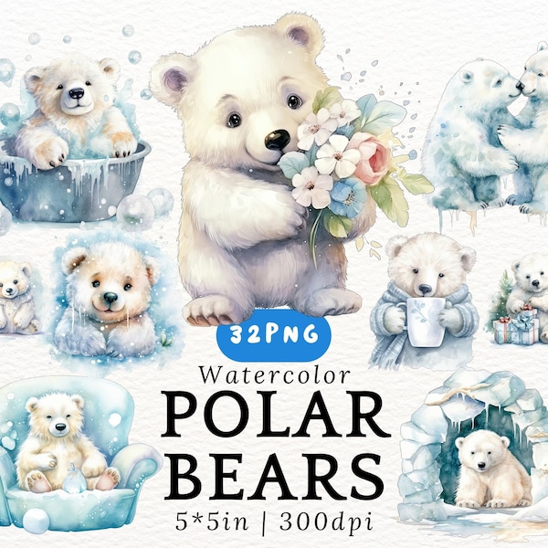 Chubby Polar Bear Watercolor Clipart - Kawaii Cartoon Polar Bear Art, Baby Bears PNGs Transparent Background, Cute Animals, Nursery Decor