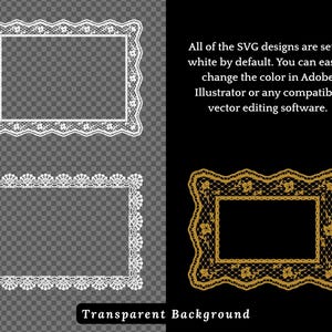 May include: Three rectangular lace frame designs in white and gold, set against a transparent and black background. The text states that the SVG designs are set to white by default and can be changed in Adobe Illustrator or other vector editing software. The bottom reads "Transparent Background."