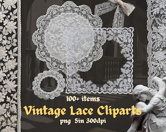 Vintage Lace Clipart PNG for Junk Journals Scrapbooking Ephemera Photorealistic Frames Bows Realistic Printable Commercial Use DIY Crafts