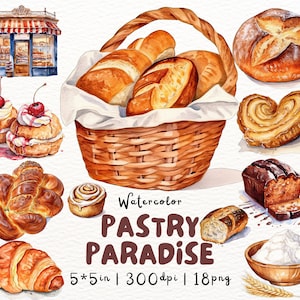 Bakkerij eten clipartcollectie - vintage aquarel gebak, brood, etalage, voedselillustraties, scrapbooking, digitale kunst, doe-het-zelfprojecten