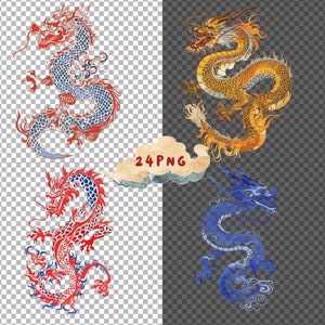May include: Four digital illustrations of dragons in different colors. The dragons are in a curled up position with their tails wrapped around their bodies. The dragons are in shades of red, blue, yellow, and gold.