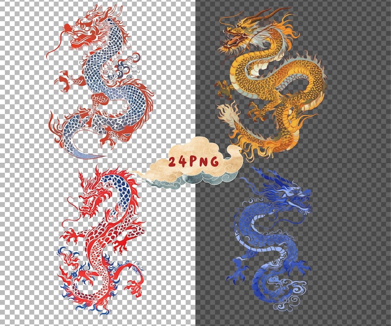 May include: Four digital illustrations of dragons in different colors. The dragons are in a curled up position with their tails wrapped around their bodies. The dragons are in shades of red, blue, yellow, and gold.