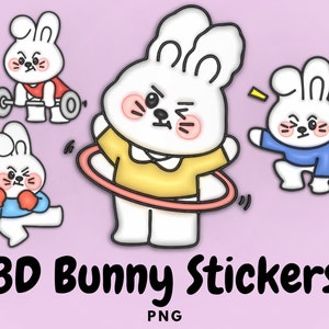 Stickers lapins 3D pour cahiers numériques, 4 styles, lapins de dessin animé joufflus mignons réalistes, stickers d'entraînement, clipart transparent découpé