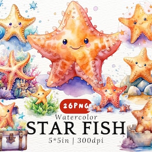 Kawaii Starfish Clipart -Cute Watercolor Sea Stars PNG,Ocean Nursery Decor, Baby Starfish Illustrations, Under the Sea Animals,26 PNG Bundle