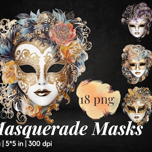 Vintage Venezianische Masken Clipart Sammlung - Set von 18, italienische Volto und Larven Masken, Junk Journal Ephemera, Scrapbooking, kommerzielle Nutzung