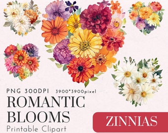 Watercolor Zinnia Flower Clipart,Romantic Blooms PNG,Colorful Heart Bouquet Printable,Floral Art,Digital Zinnias for Cards,Stickers,Journals