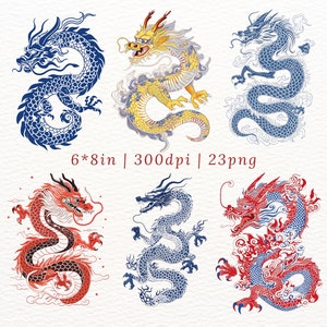 May include: Six colorful illustrations of dragons in various poses. The dragons are drawn in a traditional Chinese style with intricate details and swirling patterns. The dragons are depicted in shades of blue, red, yellow, and black.