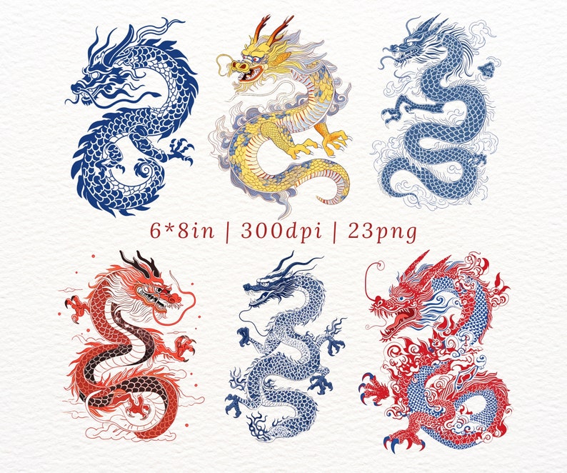 May include: Six colorful illustrations of dragons in various poses. The dragons are drawn in a traditional Chinese style with intricate details and swirling patterns. The dragons are depicted in shades of blue, red, yellow, and black.