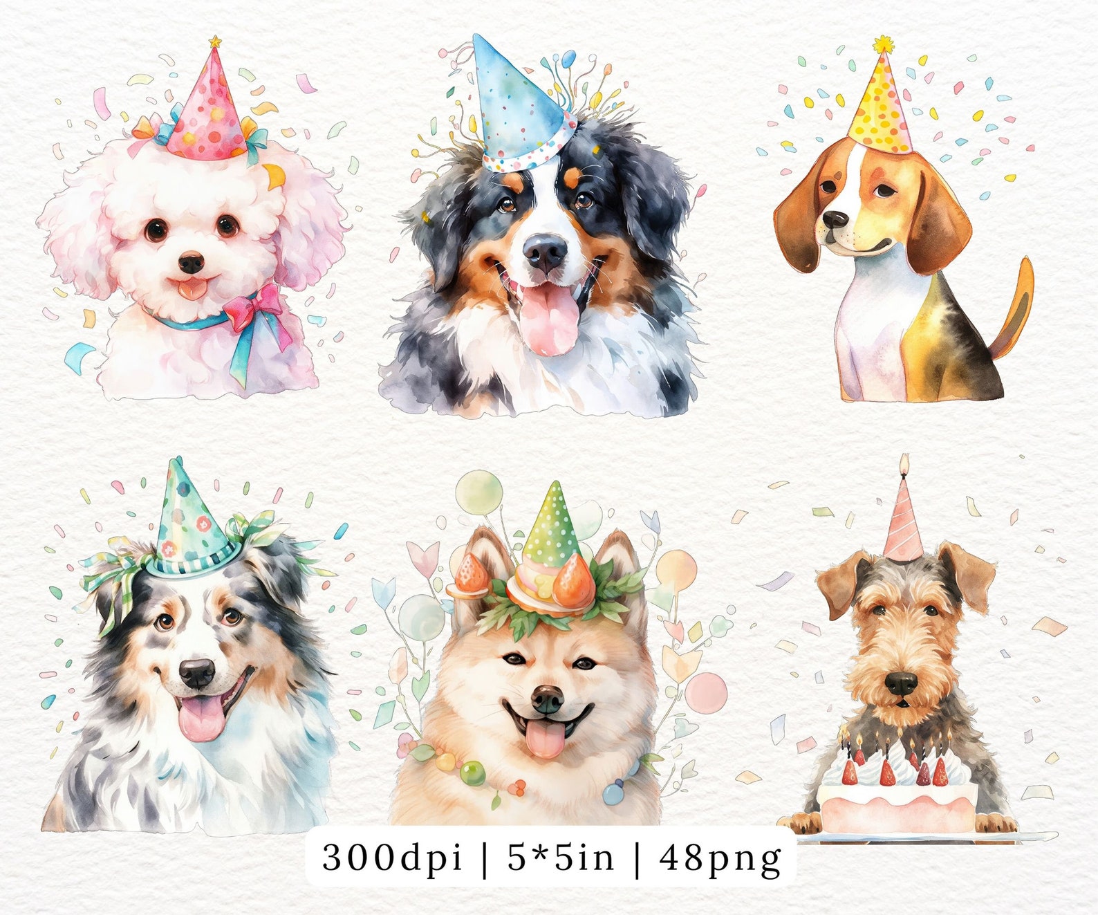 Watercolor Dog With Birthday Hat Clipart Kawaii Puppies Cartoon, Dog ...