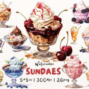 Watercolor Sundae Clipart, Colorful Elaborate Ice Cream, Summer Time Treats, Fruity Dessert Illustration png, Fast Food,Beach Birthday Party