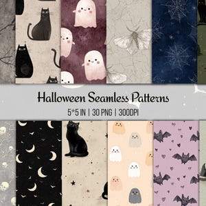 Może przedstawiać: Kolekcja bezszwowych wzorów o tematyce Halloween. Projekty obejmują czarne koty, duchy, nietoperze, pajęczyny i księżyce. Wzory są w różnych kolorach, w tym czarnym, fioletowym i beżowym. Wyświetlany jest tekst "Halloween Seamless Patterns".