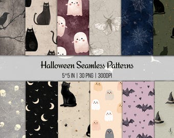 May include: A collection of Halloween-themed seamless patterns. Designs include black cats, ghosts, bats, spiderwebs, and moons. The patterns are in various colors, including black, purple, and beige. The text "Halloween Seamless Patterns" is displayed.