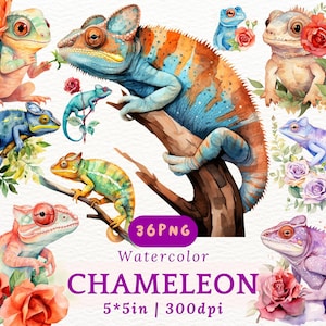 Watercolor Chameleon Clipart - Colorful Lizard Reptile PNG, Cute Floral Jungle Animals, Baby Gecko Clipart for Nursery Decor & Crafts
