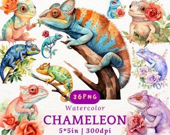 Watercolor Chameleon Clipart - Colorful Lizard Reptile PNG, Cute Floral Jungle Animals, Baby Gecko Clipart for Nursery Decor & Crafts