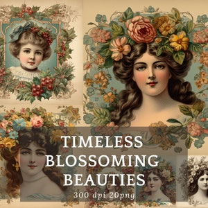 Victorian Floral Lady Portrait PNGs for Junk Journals Scrapbooking Antique Ephemera Digital Download Vintage Collage Baroque Aesthetic
