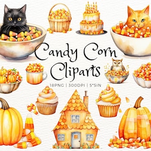 Candy Corn Clipart PNG Cute Cat Halloween Sweets Digital Download, Fall Candy Corn Stickers, Pumpkin Cupcake Jar Art for Cards and Crafts