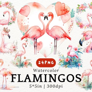 Clipart di fenicotteri rosa ad acquerello - PNG di uccelli floreali tropicali, fenicotteri di San Valentino, simpatici uccellini dell'amore con fiori per adesivi di scrapbooking e biglietti