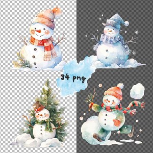 May include: Four watercolour illustrations of snowmen with different poses and accessories. One snowman is wearing a red and white hat and scarf, another is wearing a blue hat and scarf, and the other two are wearing green hats and scarves. All snowmen are standing on a white background.