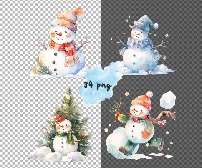 May include: Four watercolour illustrations of snowmen with different poses and accessories. One snowman is wearing a red and white hat and scarf, another is wearing a blue hat and scarf, and the other two are wearing green hats and scarves. All snowmen are standing on a white background.
