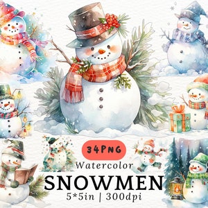 Aquarel sneeuwpop clipart, schattige sneeuwpop met pastelkleuren, kerstboom, witte kerst png, sneeuwpop met sjaal, wintervakantie digitaal