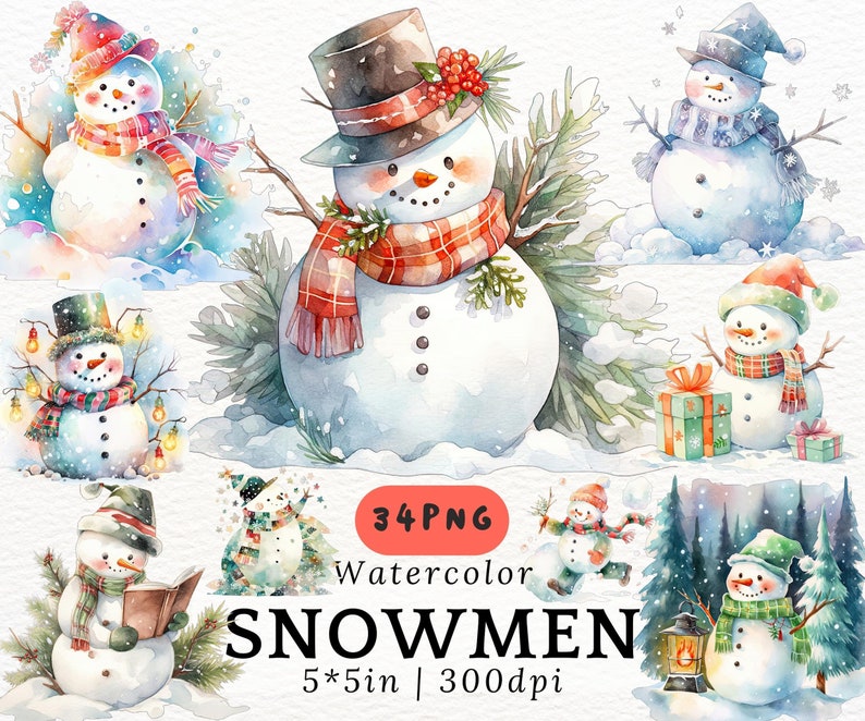May include: A set of 34 watercolour illustrations of snowmen in various poses and settings. The snowmen are wearing hats, scarves, and other winter accessories. Some snowmen are holding gifts, while others are carrying lanterns or reading books. The illustrations are perfect for creating winter-themed crafts, cards, and other projects.