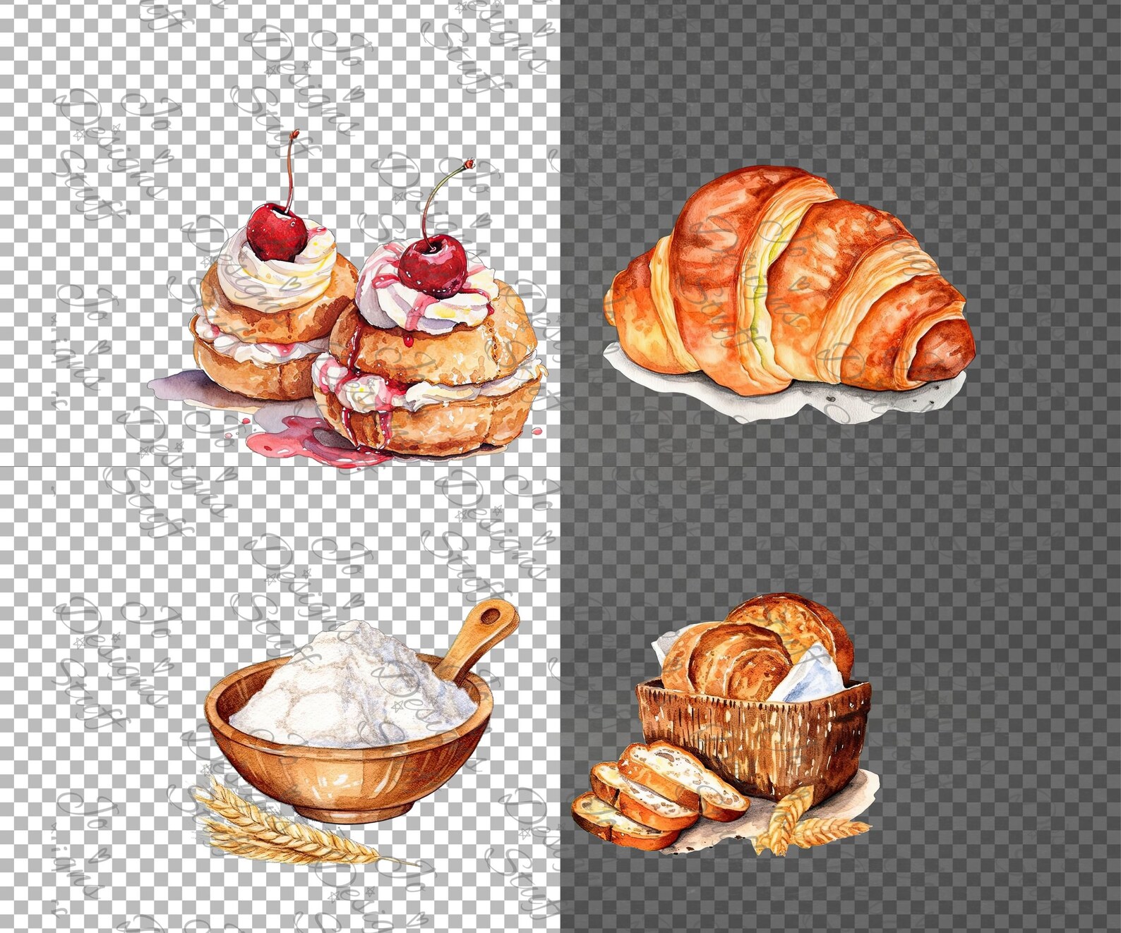 Bakery Food Clipart Collection Vintage Watercolor Pastry, Bread, Storefront, Food Illustrations