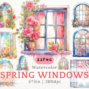 Clipart z akwarelą na okno - Wiosna, kwiaty i okna, urocze przytulne klasyczne okno, vintage fantasy floral art print do użytku komercyjnego Junk Journal