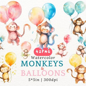 May include: Watercolor illustration of monkeys and balloons. The illustration features 42 PNG files. The monkeys are brown with white faces and are holding balloons in various colors, including pink, blue, yellow, and green. The text "Watercolor Monkeys & Balloons 5*5in | 300dpi" is included in the image.