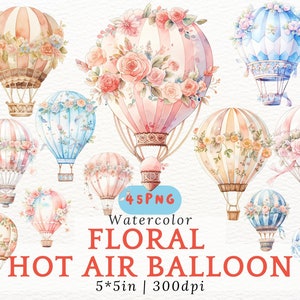 Aquarel luchtballon Cliparts, vintage cartoonballon met bloemen, vintage romantische bloemen ballonafbeeldingen, roze blauw babyshower